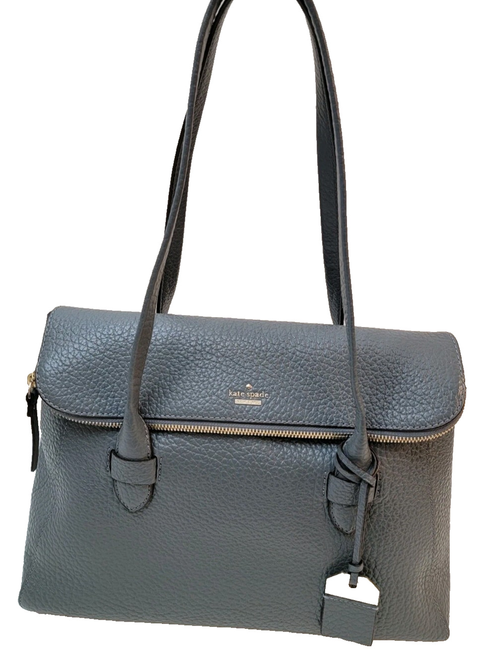Kate Spade Gray Pebbled Leather Shoulder Bag Flap Zip Tote Classic Work PXRU7900